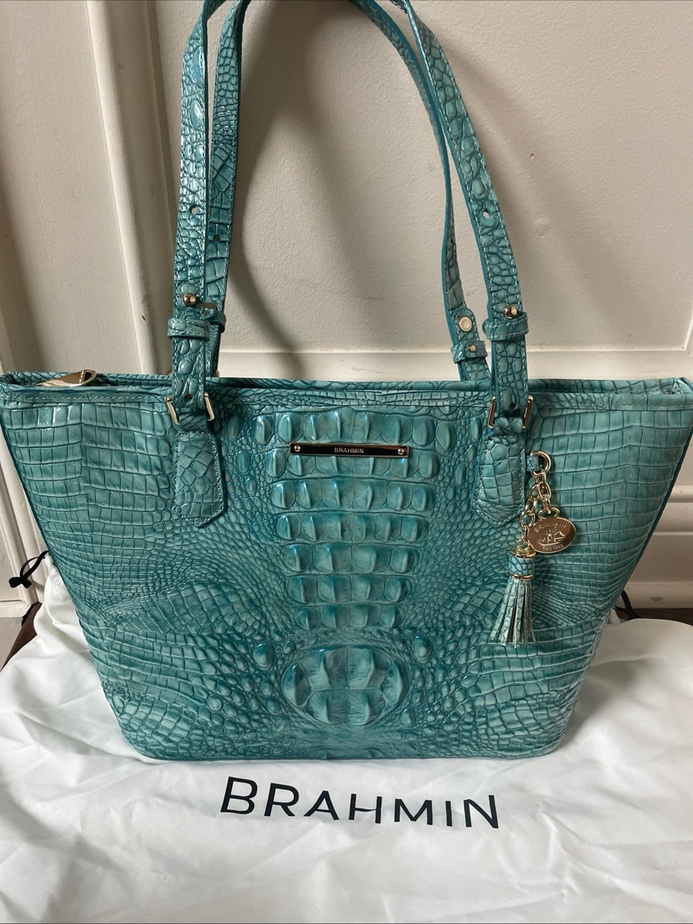 Brahmin Medium Asher Aqua Dusty Blue Melbourne Leather Bag NWOT